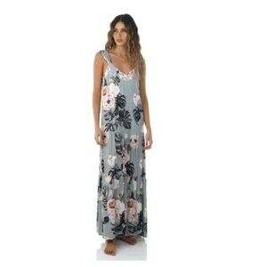 Malai Dharma Garden Maggie Maxi Dress L Sage Green Floral Boho Vacation